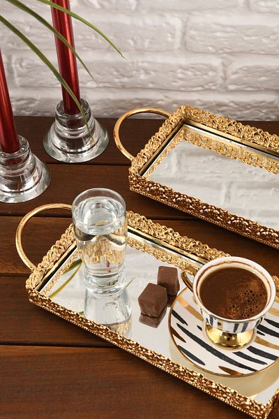 HELVACIOĞLU AKSESUAR 2 Pieces Mirrored Handled Coffee, Tea, Chocolate Presentation Tray 12X25 cm