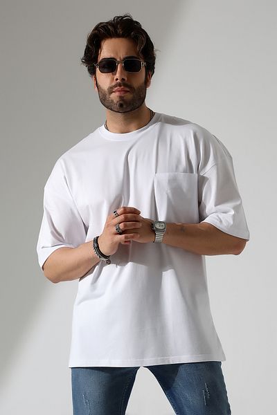 Corradeo Giyim Oversize Crew Neck Short Sleeve 100% Cotton Men's T-Shirt with Pocket Detail