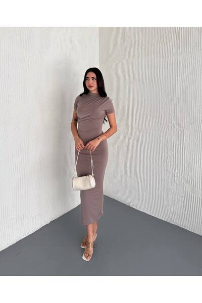 Bella Breeze Kadın Drapeli Kısa Kollu Midi Boy Elbise