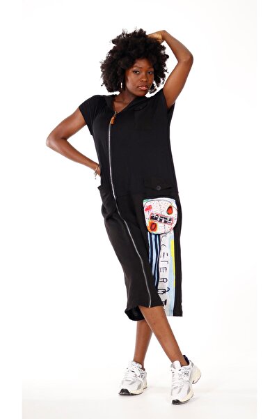 shE tekstil Printed Design Wide Fit Salopet Black