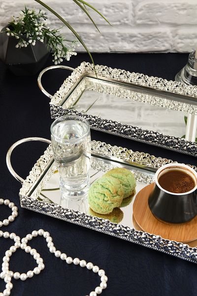 HELVACIOĞLU AKSESUAR 2 Pieces Mirrored Handled Coffee, Tea, Chocolate Presentation Tray 12X25 cm