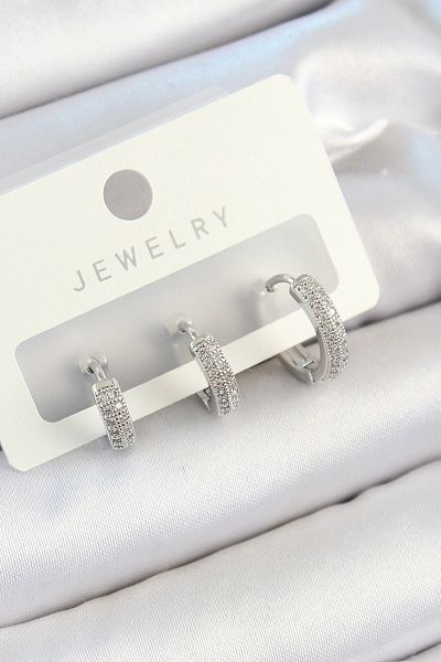 Clariss Brass Zircon Stone Hoop Model Silver Color 3-Piece Double Women's Earring Set