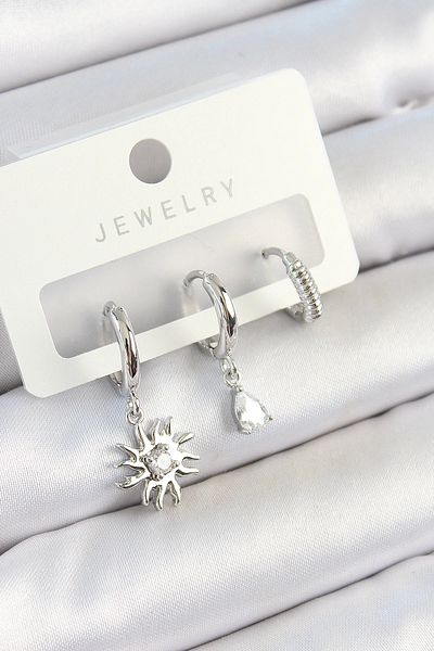 PİKARDİ Brass Zircon Stone Sun Model Silver Color 3-Piece Double Women's Earring Set