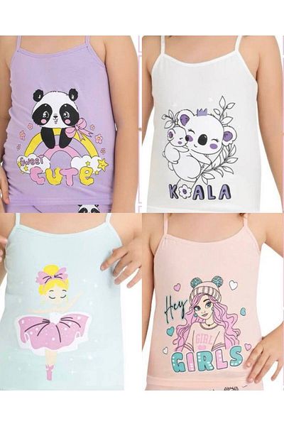 MYS GRUP TEKSTİL Set de 4 bucăți pentru fete din bumbac cu curele de frânghie cu imprimeu detaliat pantaloni scurți-boxer