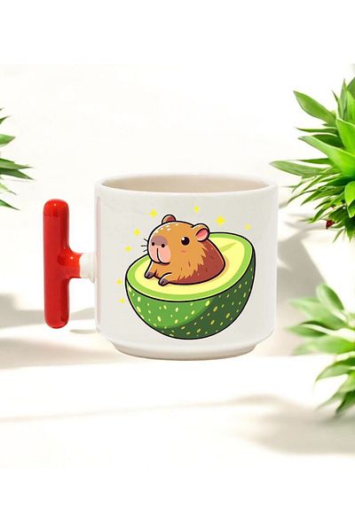 BB TRADE Capybara Avocado Designed Red t Handle Ceramic Printed Mug Cup 250 ml