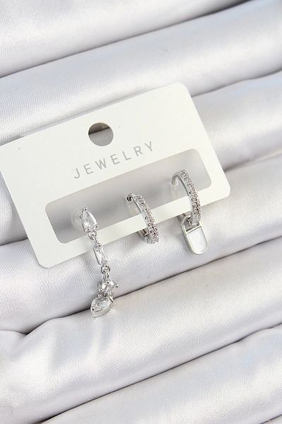 Clariss Brass Zircon Stone Dangle Model Silver Color 3-Piece Double Women's Earring Set