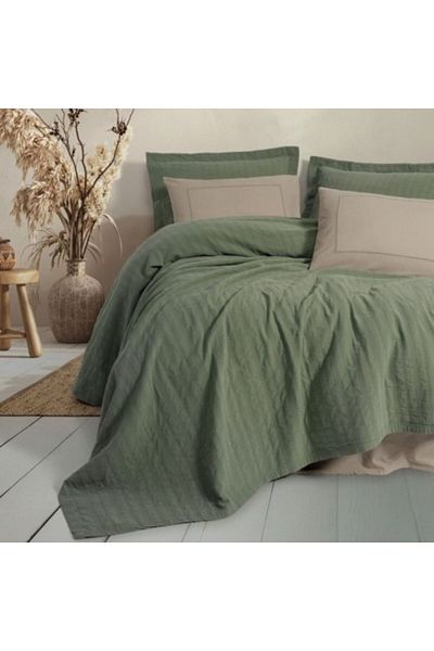 Cotton Box Cuvertura 230x240cm cu cearceaf pat si fete perna, din bumbac cu broderie, Vilo Verde