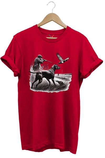 WİDİ Hunting Themed Bird Hunting and Hunting Dog Printed 100% Cotton Regular Fit Red T-Shirt