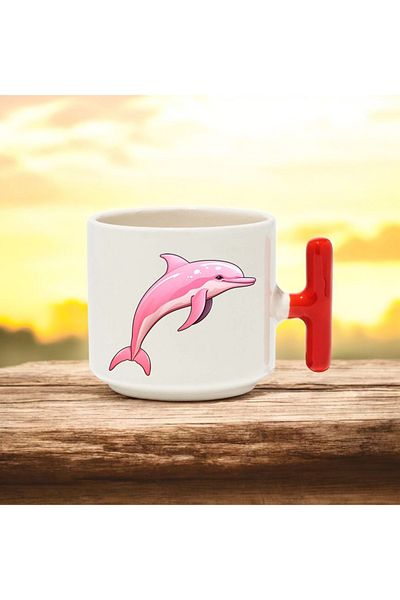 BB TRADE Pink Dolphin Designed Red t Handle Ceramic Printed Mug Cup 250 ml