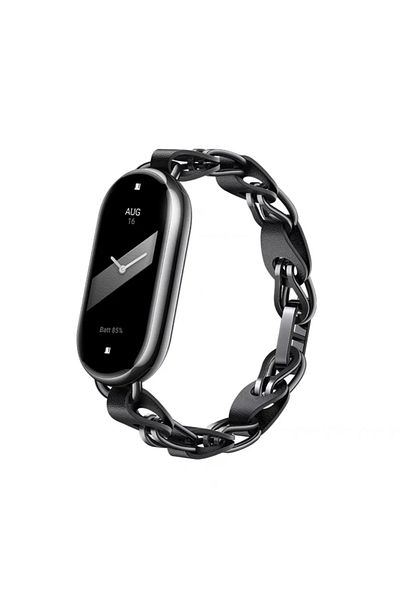 O Ozone Xiaomi Mi Band 8 Stainless Steel Leather Ring Chain Belt | Black