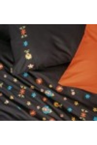Cotton Box Double Bed Linen with Handcrafted Floral Embroidery, Cotton Box, Liker Black/Caramiziu