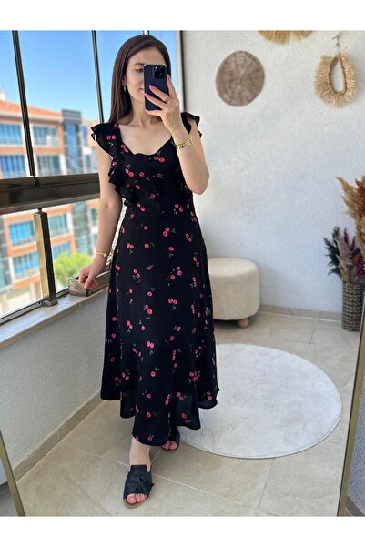 TUNAM BUTİK KİRAZ DESENLİ KOLLARI VOLANLI DOKUMA ELBİSE