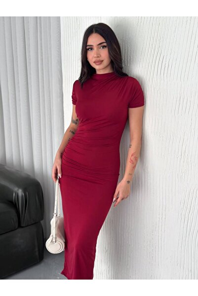 Bella Breeze Kadın Drapeli Kısa Kollu Midi Boy Elbise