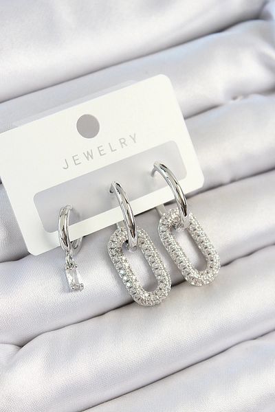 Clariss Brass Zircon Stone Rectangular Model Silver Color 3-Piece Double Women's Earring Set