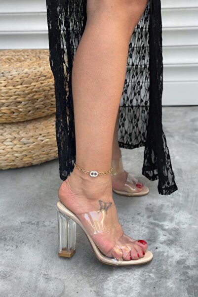 Shoebutik Nuava Beige Patent Leather Transparent Tape Detail Heeled Women's Slippers