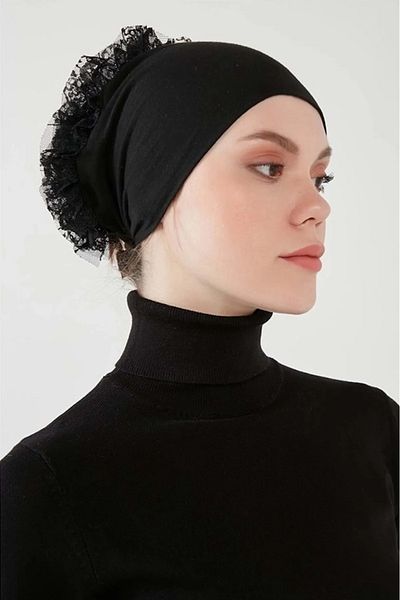 BECCASTYLE Frilly Non-Slip Bonnet, Silicone Frilly Non-Slip Bonnet, Combed Cotton Bonnet, Seamless Bonnet, Black Bonnet