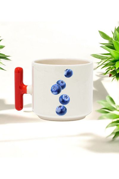BB TRADE Ceramic Printed Mug with Red t Handle with Blueberry Design 250 ml