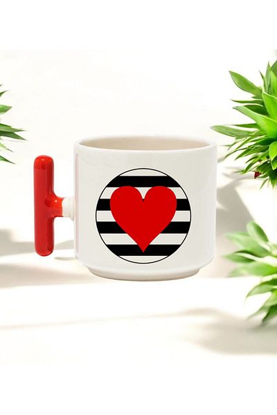 BB TRADE Patterned Hearts Designed Red t Handle Ceramic Printed Mug Cup 250 ml