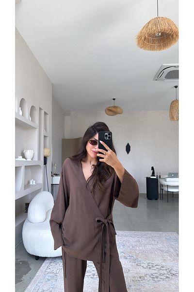 Buket Teke Brown Double Breasted Linen Premium More Suit