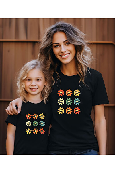 ASELİNDA تيشيرت Pinterest بأكمام قصيرة مزين بالزهور للأم والبنت (قطعة واحدة ف...