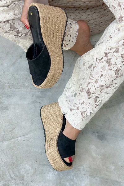 Shoebutik Anastacia Black Suede Straw Padding Wrap Sole Women's Slippers