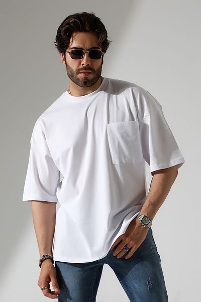 Corradeo Giyim Oversize Crew Neck Short Sleeve 100% Cotton Men's T-Shirt with Pocket Detail