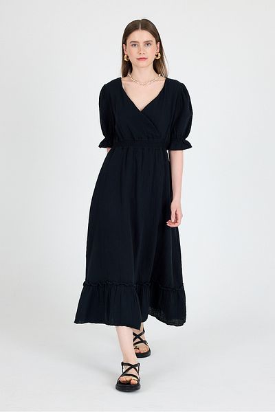 Rays Black 100% Cotton Muslin V-Neck Waist Elastic Midi Dress 4780A