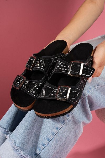 FUGA MODA Zinora Black Corner Stone Detailed Buckle Double Tape Women's Slippers