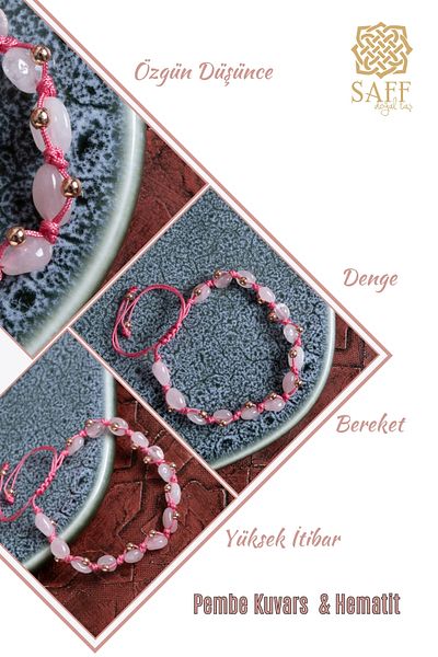Saff Doğal Taş Certified Pink Quartz & Hematite Natural Stone Macrame Bracelet