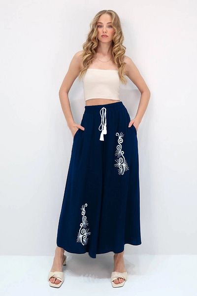 hazelin Women's Navy Blue Elastic Waist Embroidery Detailed Loose Cut Viscose Trousers Hzl25S-Vm10301