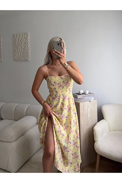 Zora Butik Smock Sırt Detaylı Çiçekli Elbise - SARI