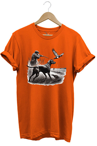 WİDİ Μπλουζάκι με θέμα το κυνήγι πουλιών και κυνηγόσκυλο με στάμπα 100% βαμβακερή κανονική εφαρμογή πορτοκαλί