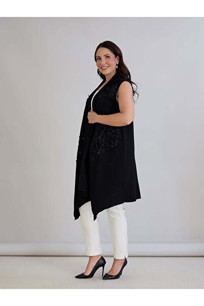 ModaMinar Women's Tulle Pattern Detailed Crystal Combed Cotton Fabric Long Vest