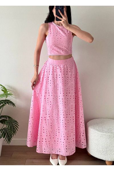 LOCH BUTİK Women's Pink Guipure Detailed Skirt Suit