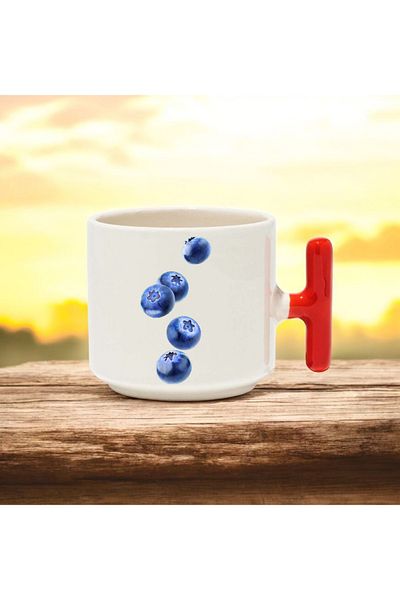 BB TRADE Ceramic Printed Mug with Red t Handle with Blueberry Design 250 ml