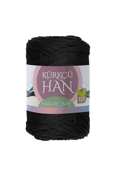 Kürkçü Han Premium Macrame Yarn 3mm 200gr 120m, 85% Αναγεννημένο Βαμβακερό Πλεκτό Σπάτσο - Μαύρο