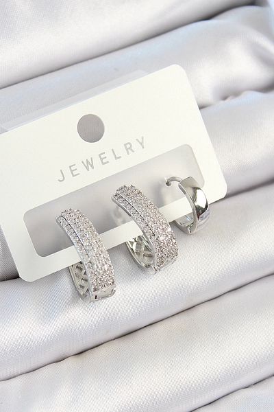 Clariss Brass Zircon Stone Drop Model Silver Color 3-Piece Double Women's Earring Set