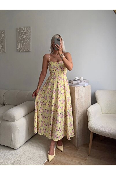 Zora Butik Smock Sırt Detaylı Çiçekli Elbise - SARI