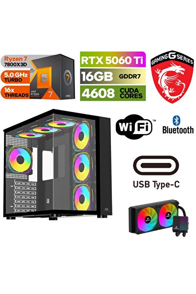 MSI GAMİNGDDR5-RTX5060Tİ 16 GB-RYZEN 7 7800X3D-32GB DDR5 RAM- 1 TB M.2 SSD-WİNDOWS 11 PRO-SIVI SOGUTMALI
