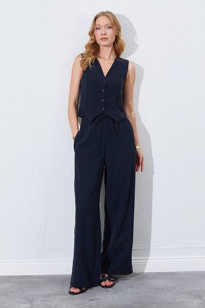 MODAMOR Linen Textured Buttoned Vest and Pants Double Set