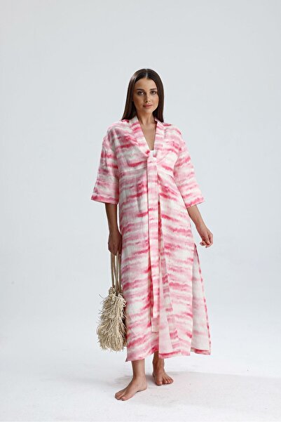 COLLECTİON SİERRA batik desenli önden bağlamalı keten uzun kimono