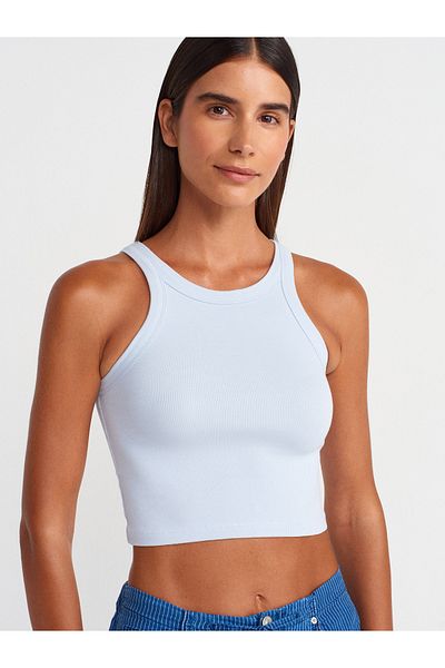 Dilvin 21104 Crop Top cu nervuri-Albastru deschis