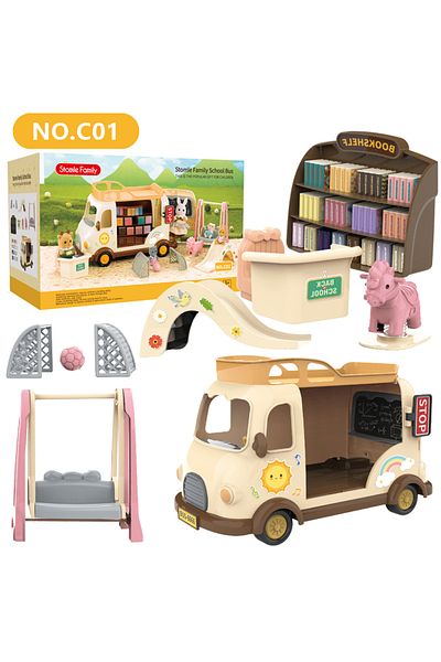 Choice C01 School Bus Book Shelf 1/12 Dollhouse Forest Family Ice Cream Sales Vehicle Miniature Furniture F