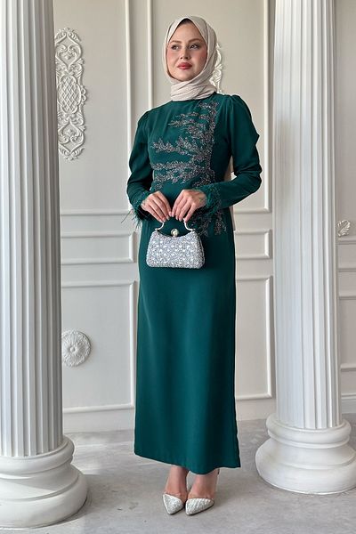 InStyle Βραδινό φόρεμα με πέτρινο γιακά με πουπουλένιο μανίκι σμαραγδί πράσινο