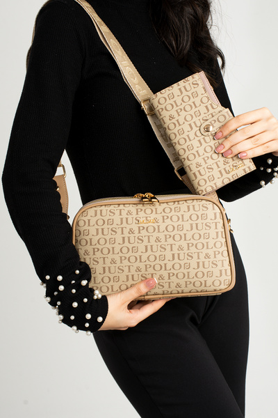 Just Polo Yuri 2053 Printed Faux Leather Women's Hand and Shoulder Bag 09 Wallet Combination (Size: Width 28 X Length 17 cm)