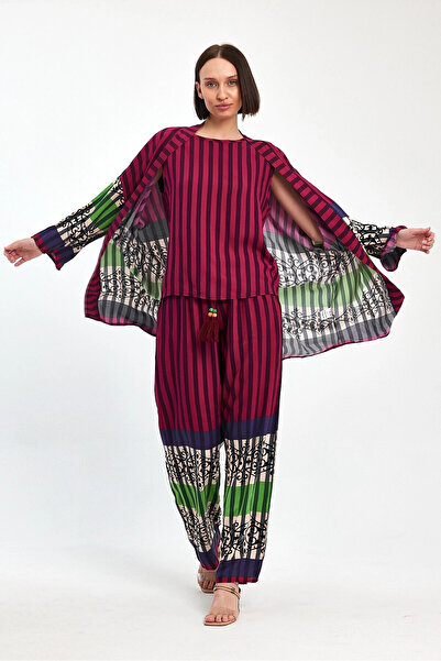 hazelin Women's Plum Striped Athlete Kimono and Pants Woven Viscon Bottom Top Set Hzl25S-Vm110421