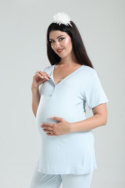 LOHOUSE Set de pijamale din bumbac țesut cu model albastru tubă pentru femei, maternitate, maternitate, 3 piese
