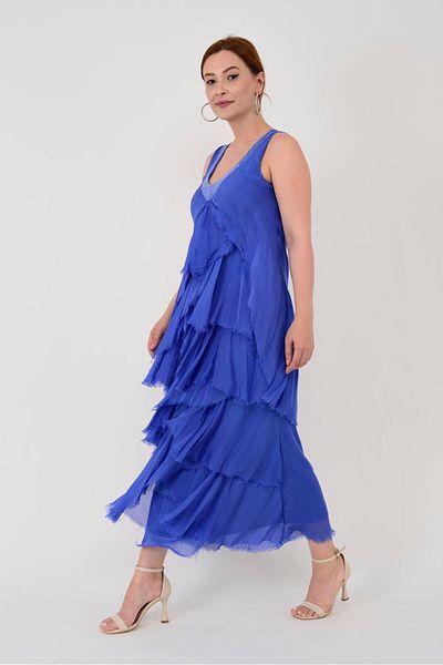 GÜLDEN KATRAN Women's Sequined Long Layered Cutout Silk Dress