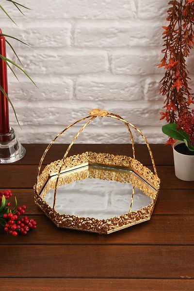 HELVACIOĞLU AKSESUAR Top Handle Mirrored Sugar Bowl, Chocolate Bowl, Turkish Delight Bowl, Cookie Bowl, Fruit Bowl 20 cm