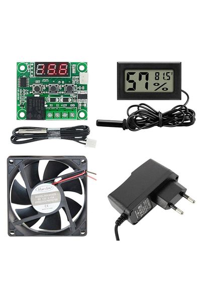Arduino Incubator Set - 4 Pieces - W1209 Thermostat 12V - Heat Humidity Meter - 12V Adapter - 80X80 12V Fan